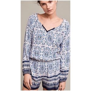 New Elevenses x Anthropologie Basia XS Blue Print Short Romper